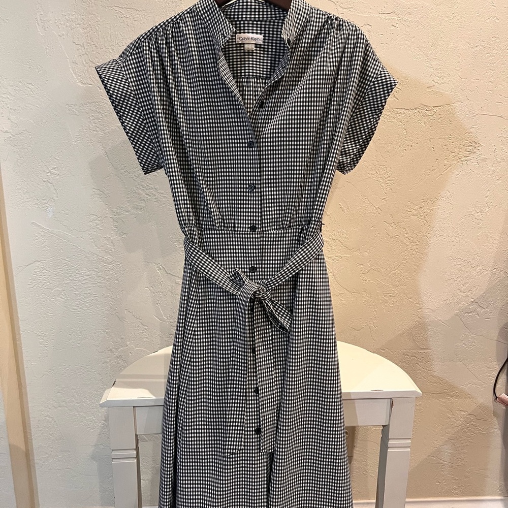 Calvin Klein Black and White Midi Shirt Dress with Notched Collar